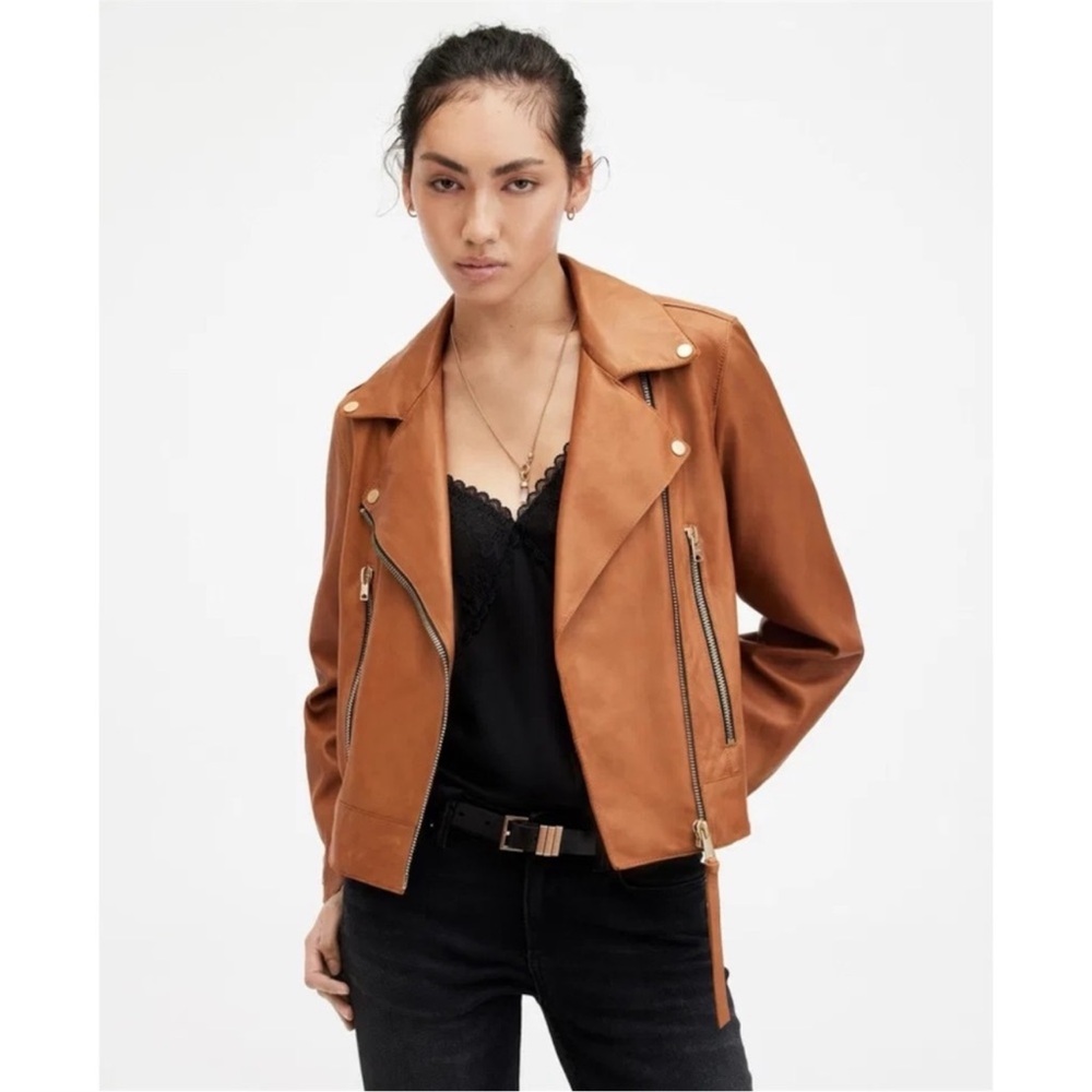 ALL SAINTS Dalby Leather Biker Jacket Cognac Brown 2‎ NWOT